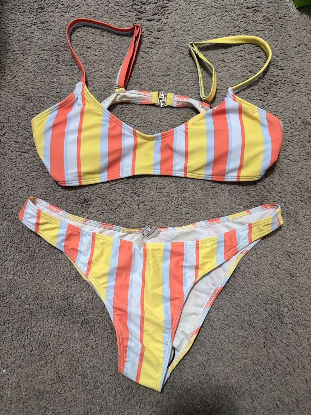 NWOT Women’s Striped Two-Piece Swim Set - Yellow, Coral & Light Blue